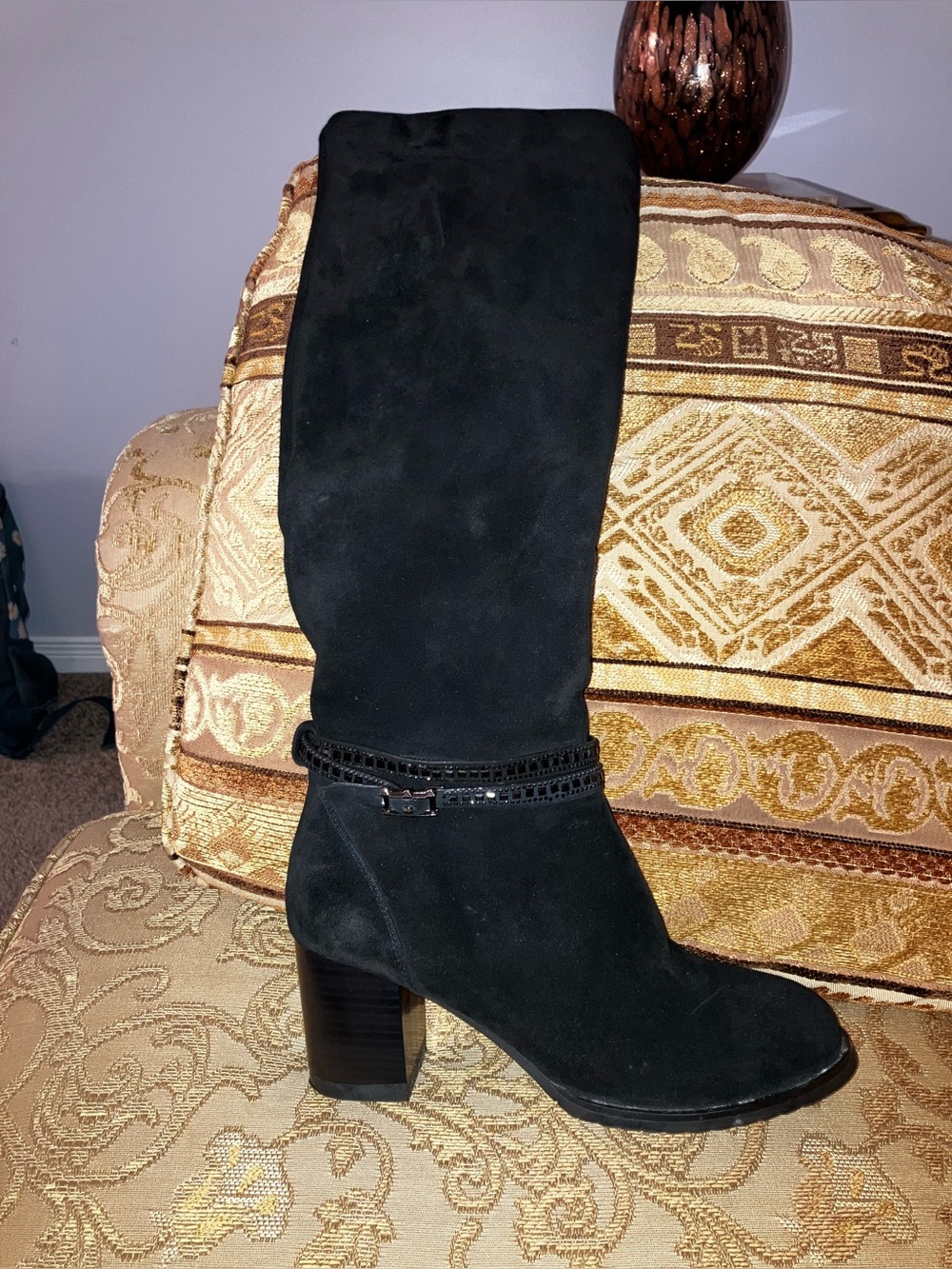 Black Suede Knee-High Heeled Boots with Decorative Strap